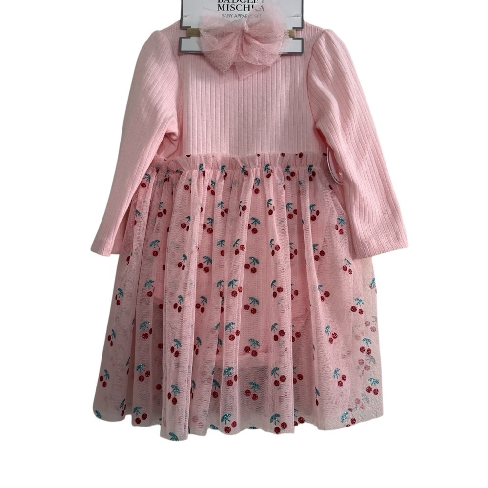 Badgley Mischka Cherry Pink Dress w/Headband Tutu Skirt Baby Girl Size 6-9M NWT - Picture 1 of 5